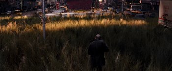 Movie still from “I Am Legend” (2007), directed by Francis Lawrence – A man standing in tall grass looking at a building; Extreme Wide shot, High angle