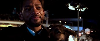 Movie still from “I Am Legend” (2007), directed by Francis Lawrence – A person holding a dog; Close Up shot, Over the shoulder angle