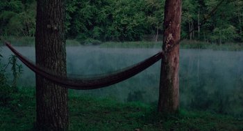 Movie still from “I Spit on Your Grave” (1978), directed by Meir Zarchi – A hammock hanging between two trees near a body of water; Extreme Wide shot, High angle