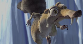 Movie still from “Ice Age” (2002), directed by Chris Wedge – An animated squirrel is flying through the air; Extreme Close Up shot, Low angle