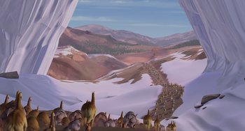 Movie still from “Ice Age” (2002), directed by Chris Wedge – An animated desert scene with mountains in the background; Extreme Wide shot, High angle