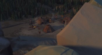 Movie still from “Ice Age” (2002), directed by Chris Wedge – An aerial view of an indian village in the middle of the night; Extreme Wide shot, High angle