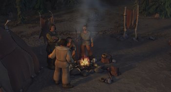 Movie still from “Ice Age” (2002), directed by Chris Wedge – A group of people gathered around a campfire; Extreme Wide shot, High angle