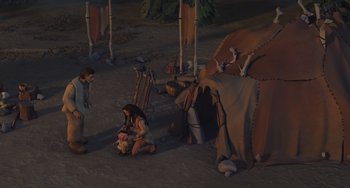 Movie still from “Ice Age” (2002), directed by Chris Wedge – An artist's rendering of a woman holding a baby; Wide shot, High angle