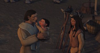 Movie still from “Ice Age” (2002), directed by Chris Wedge – An image of a man holding a baby in his arms; Medium shot, High angle