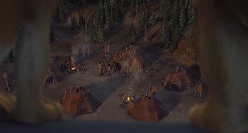 Movie still from “Ice Age” (2002), directed by Chris Wedge – An image of a group of tents in the middle of a forest; Extreme Wide shot, High angle