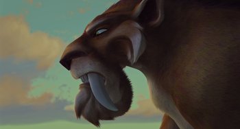 Movie still from “Ice Age” (2002), directed by Chris Wedge – An illustration of a saber tooth tiger with a sky background; Extreme Close Up shot, Low angle