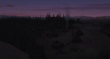 Movie still from “Ice Age” (2002), directed by Chris Wedge – A purple sky over a forest filled with trees; Extreme Wide shot, High angle