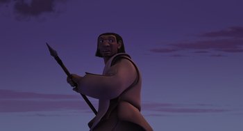 Movie still from “Ice Age” (2002), directed by Chris Wedge – An animated character is holding a staff in his hand; Medium shot, Low angle