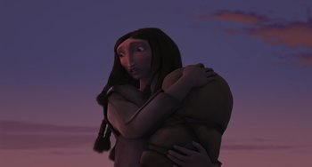 Movie still from “Ice Age” (2002), directed by Chris Wedge – An animated woman hugging a man in front of a purple sky; Medium shot, Low angle