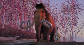 Movie still from “Ice Age” (2002), directed by Chris Wedge – An animated scene of a woolly mammoth and a bird; Extreme Wide shot, Low angle