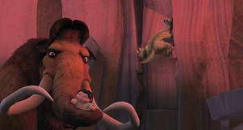 Movie still from “Ice Age” (2002), directed by Chris Wedge – An animated scene of a bear and a baby bear; Wide shot, High angle