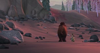Movie still from “Ice Age” (2002), directed by Chris Wedge – An animated scene of a bear and a penguin walking through the desert; Extreme Wide shot, High angle