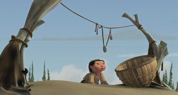 Movie still from “Ice Age” (2002), directed by Chris Wedge – An animated scene of a child looking up at a basket; Wide shot, Low angle