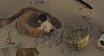 Movie still from “Ice Age” (2002), directed by Chris Wedge – An animated picture of a child playing with a barrel; Wide shot, High angle