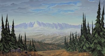Movie still from “Ice Age” (2002), directed by Chris Wedge – An oil painting of a mountainous area with trees; Extreme Wide shot, High angle