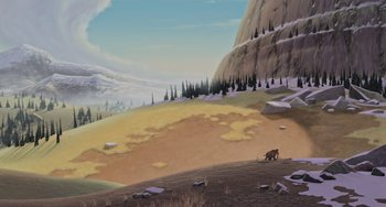 Movie still from “Ice Age” (2002), directed by Chris Wedge – A painting of two bears in the middle of a field; Extreme Wide shot, High angle