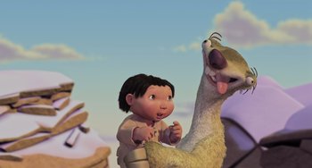 Movie still from “Ice Age” (2002), directed by Chris Wedge – An animated scene of a boy and a llama; Wide shot, Low angle