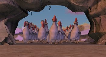 Movie still from “Ice Age” (2002), directed by Chris Wedge – A flock of birds standing in a group; Extreme Wide shot, Low angle