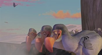 Movie still from “Ice Age” (2002), directed by Chris Wedge – A group of birds that are standing in the grass; Wide shot, Low angle