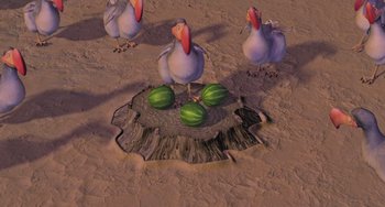 Movie still from “Ice Age” (2002), directed by Chris Wedge – A group of birds standing on top of a tree stump; Wide shot, High angle