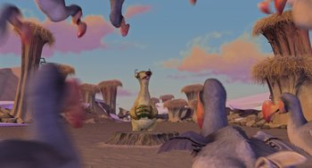 Movie still from “Ice Age” (2002), directed by Chris Wedge – An animal sitting on top of a tree stump in the middle of the desert; Extreme Wide shot, Low angle