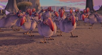 Movie still from “Ice Age” (2002), directed by Chris Wedge – A flock of birds standing in the dirt; Wide shot, High angle
