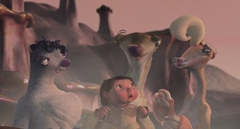 Movie still from “Ice Age” (2002), directed by Chris Wedge – An animated scene of a girl looking up at an animal; Wide shot, Low angle