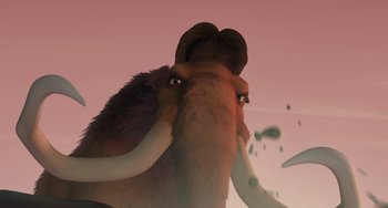 Movie still from “Ice Age” (2002), directed by Chris Wedge – An animal that is standing in the grass; Extreme Close Up shot, Low angle