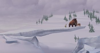 Movie still from “Ice Age” (2002), directed by Chris Wedge – An image of an animated scene with a bear and a person; Extreme Wide shot, High angle