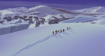 Movie still from “Ice Age” (2002), directed by Chris Wedge – A group of skiers on a snowy slope; Extreme Wide shot, High angle