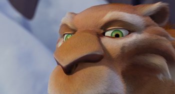 Movie still from “Ice Age” (2002), directed by Chris Wedge – An animated bird with green eyes and brown feathers; Extreme Close Up shot, Low angle