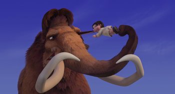 Movie still from “Ice Age” (2002), directed by Chris Wedge – An animated scene of a man riding an elephant; Extreme Wide shot, Low angle