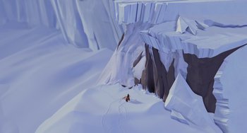 Movie still from “Ice Age” (2002), directed by Chris Wedge – A painting of a person skiing down a snowy slope; Extreme Wide shot, Overhead angle