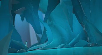 Movie still from “Ice Age” (2002), directed by Chris Wedge – An image of a person standing in front of a blue wall; Extreme Wide shot, High angle