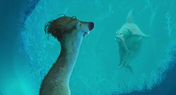 Movie still from “Ice Age” (2002), directed by Chris Wedge – An animated scene of an ice age scene with an ice age creature; Close Up shot, Over the shoulder angle