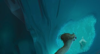 Movie still from “Ice Age” (2002), directed by Chris Wedge – An image of an animal that is swimming in the water; Wide shot, Low angle