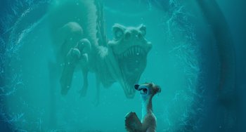 Movie still from “Ice Age” (2002), directed by Chris Wedge – An animal looking up at an animal that is swimming in the water; Wide shot, Over the shoulder angle