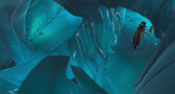 Movie still from “Ice Age” (2002), directed by Chris Wedge – An image of an underwater scene with a person swimming in it; Extreme Wide shot, Overhead angle