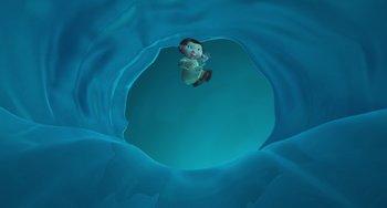 Movie still from “Ice Age” (2002), directed by Chris Wedge – An animated monkey is floating in the water; Extreme Wide shot, High angle