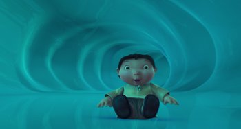 Movie still from “Ice Age” (2002), directed by Chris Wedge – A small child sitting in front of a tunnel; Wide shot, High angle