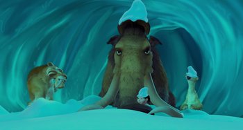 Movie still from “Ice Age” (2002), directed by Chris Wedge – An ice age scene with an elephant and two other ice age animals; Extreme Wide shot, High angle