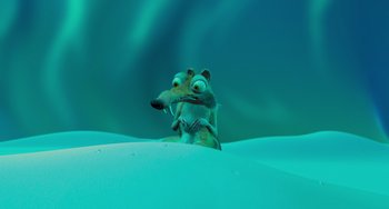 Movie still from “Ice Age” (2002), directed by Chris Wedge – An ice skating animal is holding something in his mouth; Medium shot, High angle