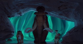 Movie still from “Ice Age” (2002), directed by Chris Wedge – An ice age scene with an elephant and two other animals; Extreme Wide shot, Low angle