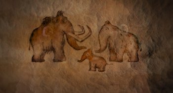 Movie still from “Ice Age” (2002), directed by Chris Wedge – A painting of two elephants and a baby elephant; Extreme Close Up shot, Low angle