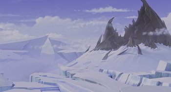 Movie still from “Ice Age” (2002), directed by Chris Wedge – An illustration of an icy mountain with snow on it; Extreme Wide shot, High angle