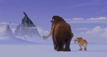 Movie still from “Ice Age” (2002), directed by Chris Wedge – An ice age scene with a mammoth and an ice age animal; Extreme Wide shot, Low angle