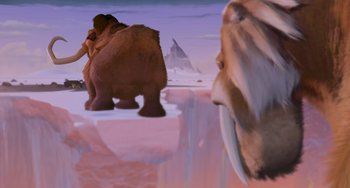 Movie still from “Ice Age” (2002), directed by Chris Wedge – A couple of ice age animals on top of some ice; Extreme Wide shot, Overhead angle