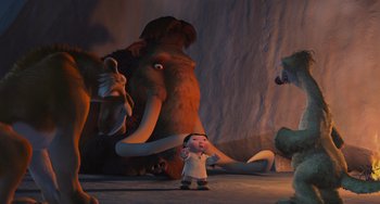 Movie still from “Ice Age” (2002), directed by Chris Wedge – An animated scene of an elephant and a man; Extreme Wide shot, Low angle
