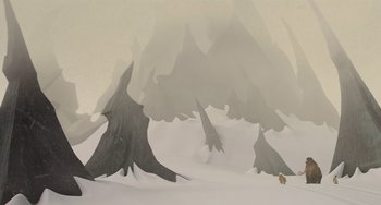 Movie still from “Ice Age” (2002), directed by Chris Wedge – An image of an image of a tree in the snow; Extreme Wide shot, High angle